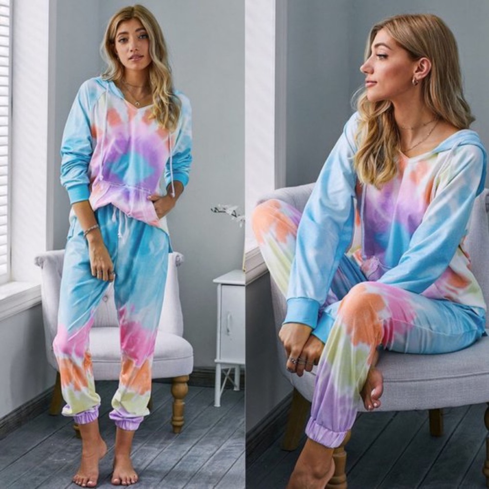Boho pink blue watercolor tie dye jogger lounge set - Picture 1 of 3